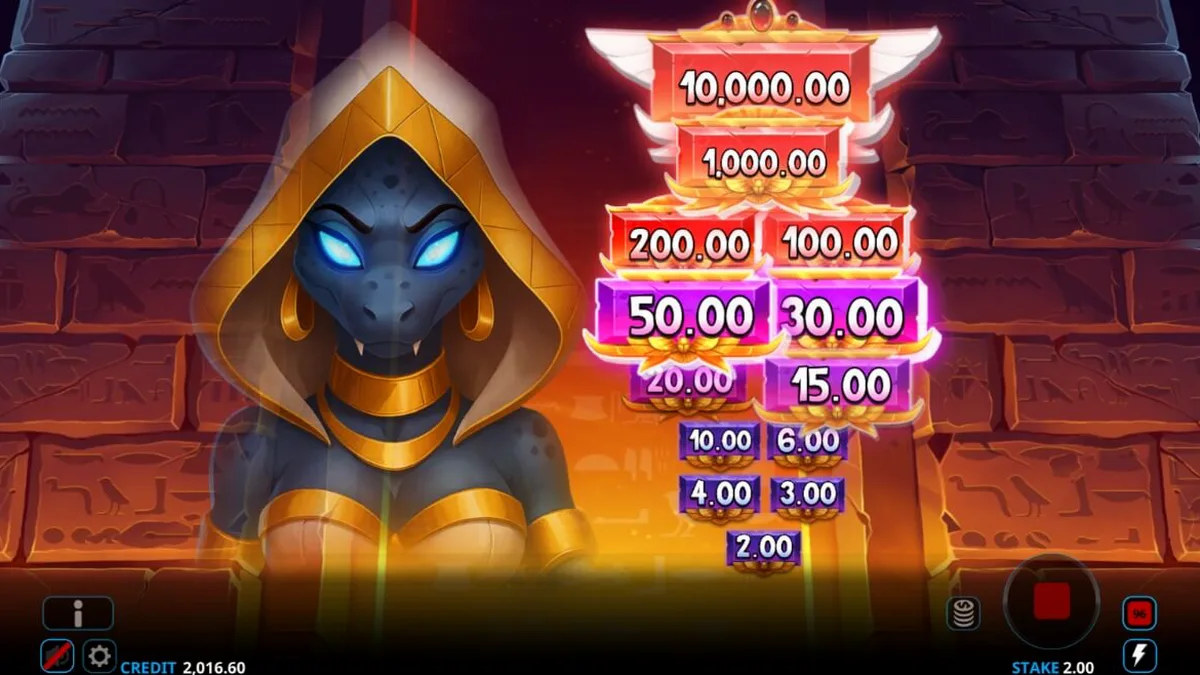 Visual sombrio e egípcio do slot Ammit Hellfire com a deusa Ammit ao lado dos rolos.